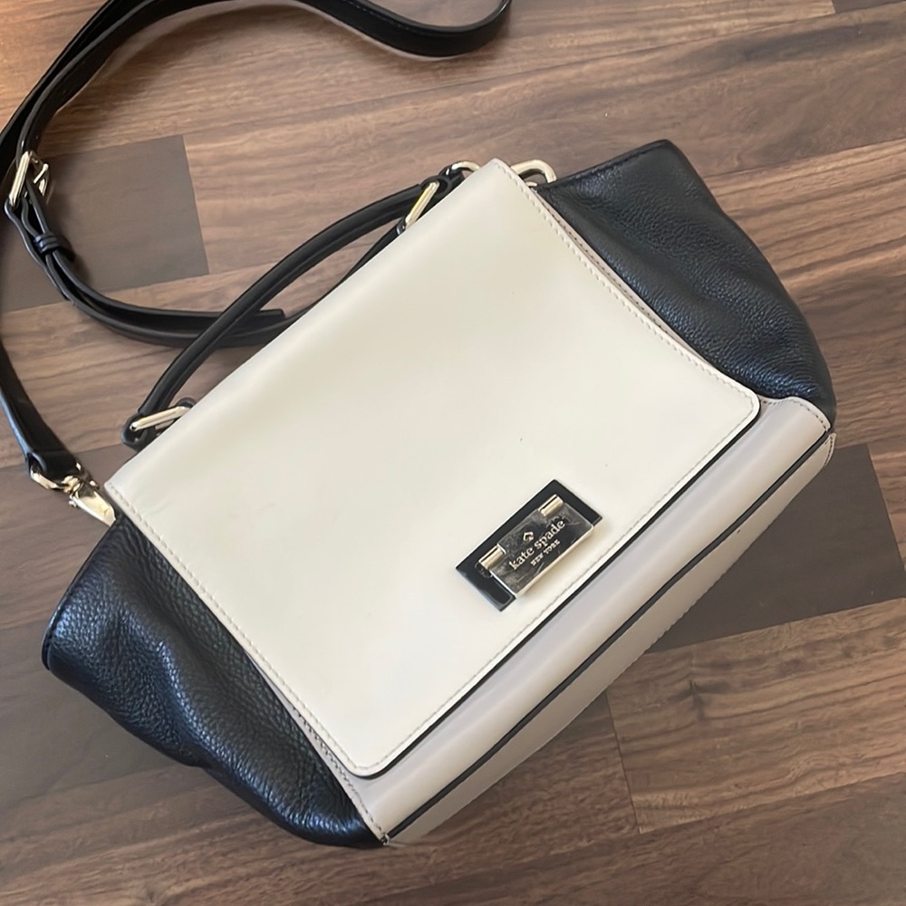 Kate Spade colorblock black white tan flap shoulder satchel purse